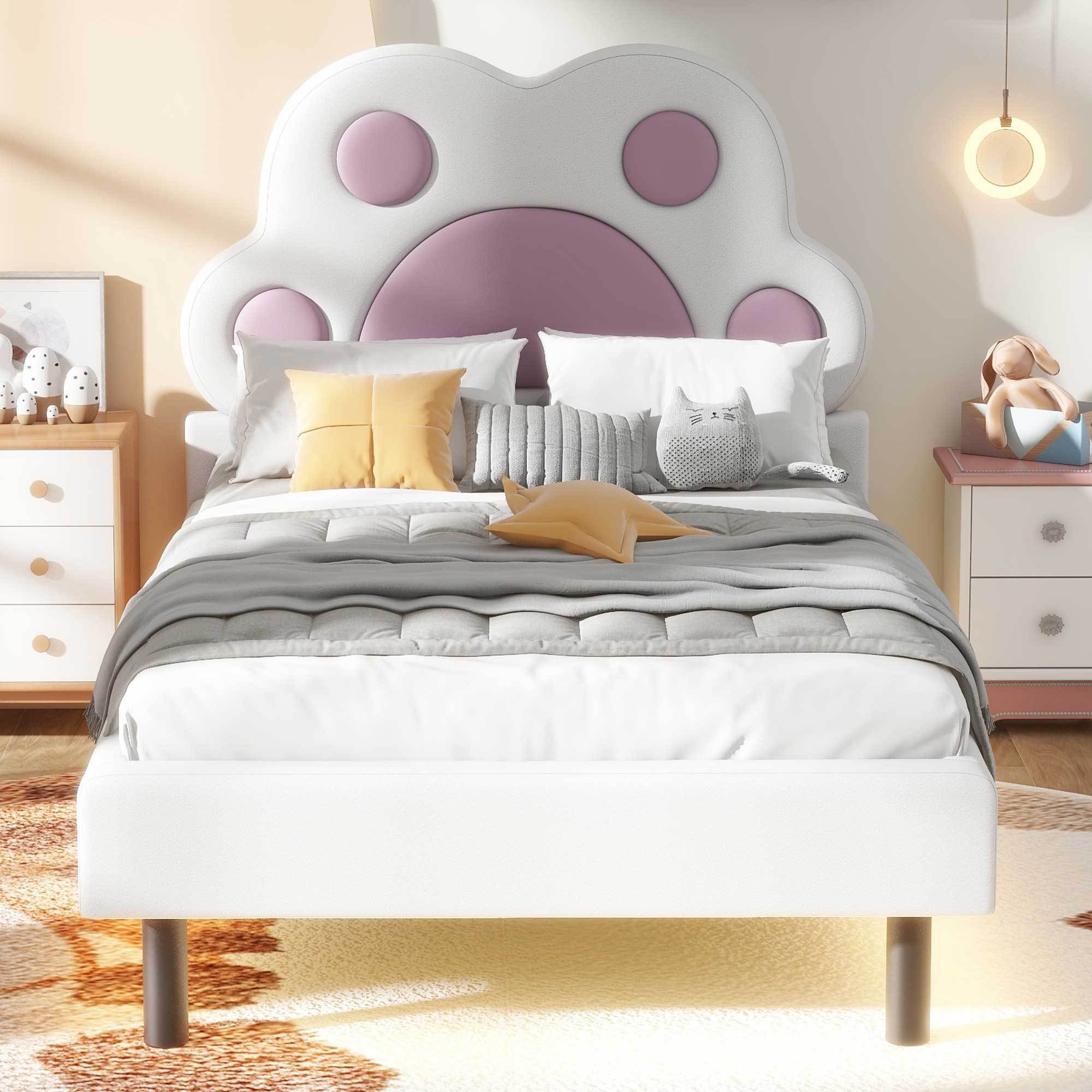 Twin Size Upholstered Platform Bed with Animal Paw Shaped Headboard and LED, Pink - Atlantic Fine Furniture Melbourne FL