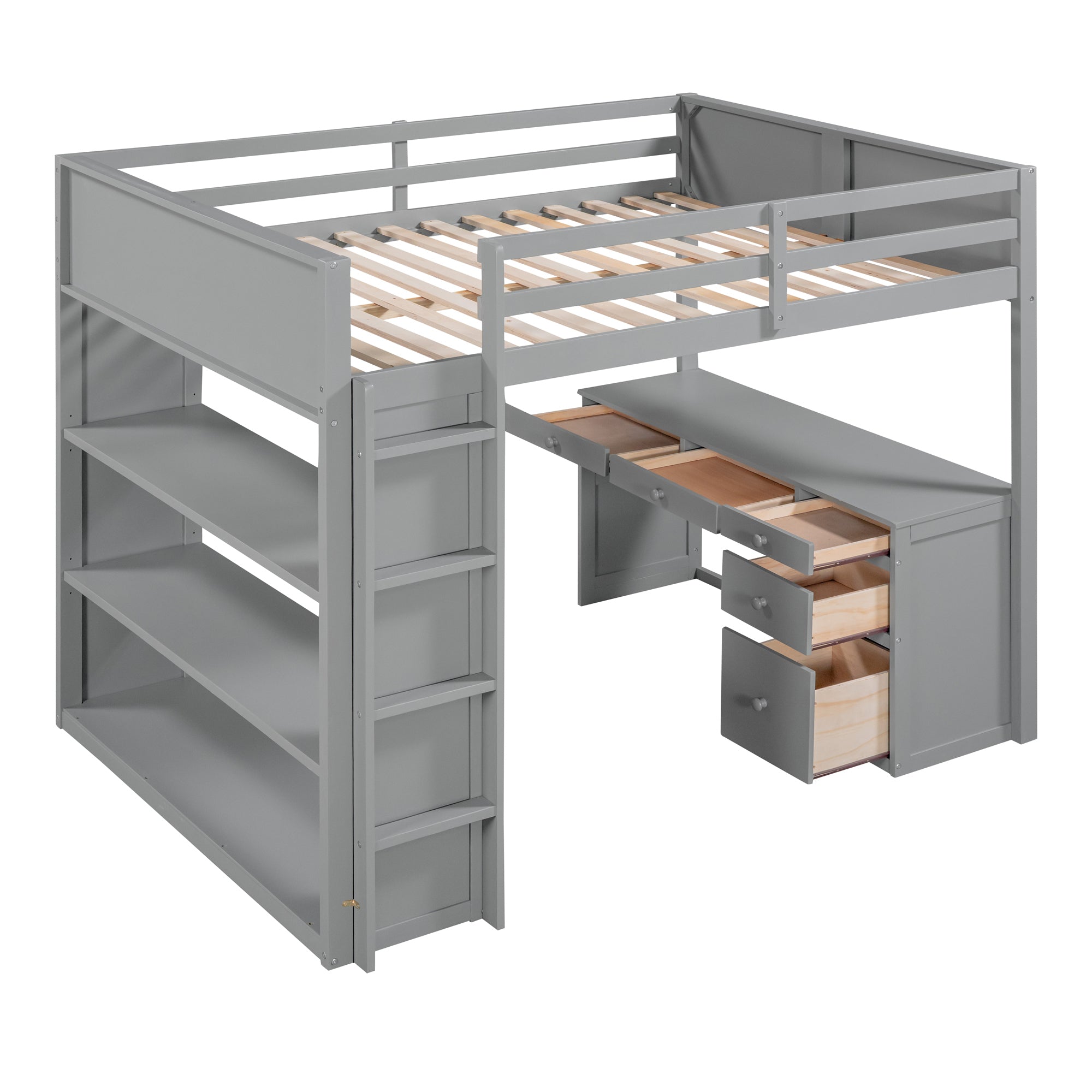 Full Size Loft Bed with Ladder, Shelves, and Desk, Gray - Atlantic Fine Furniture Melbourne FL