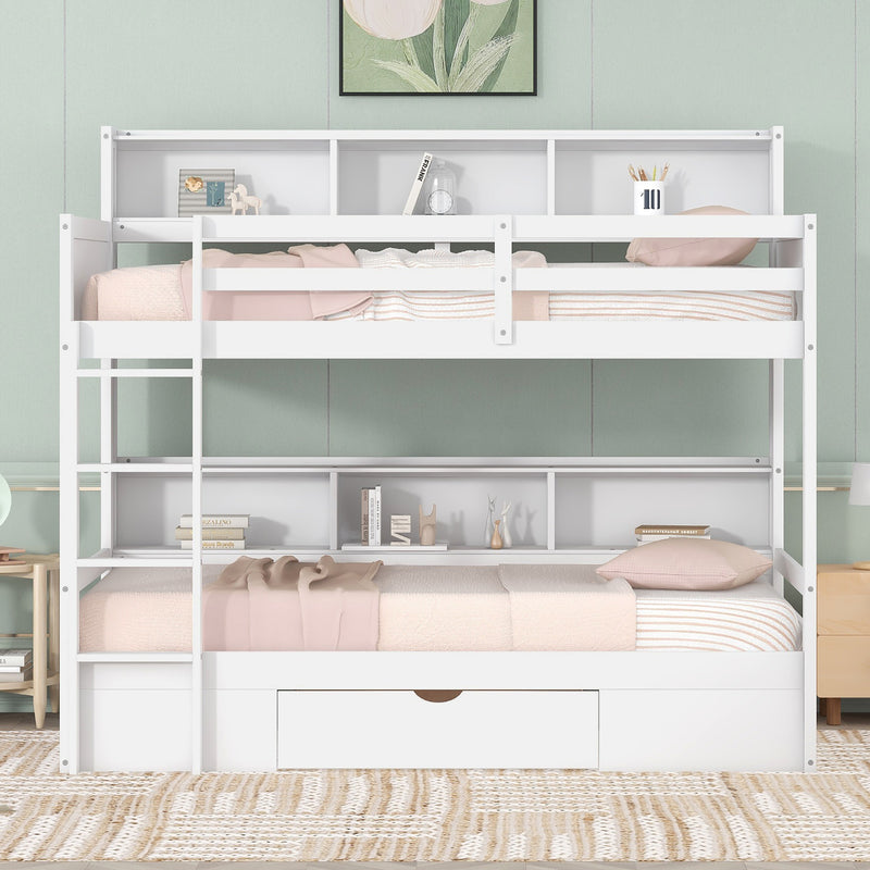 Twin Size Bunk Bed with Built-in Shelves Beside both Upper and Down Bed and Storage Drawer,White