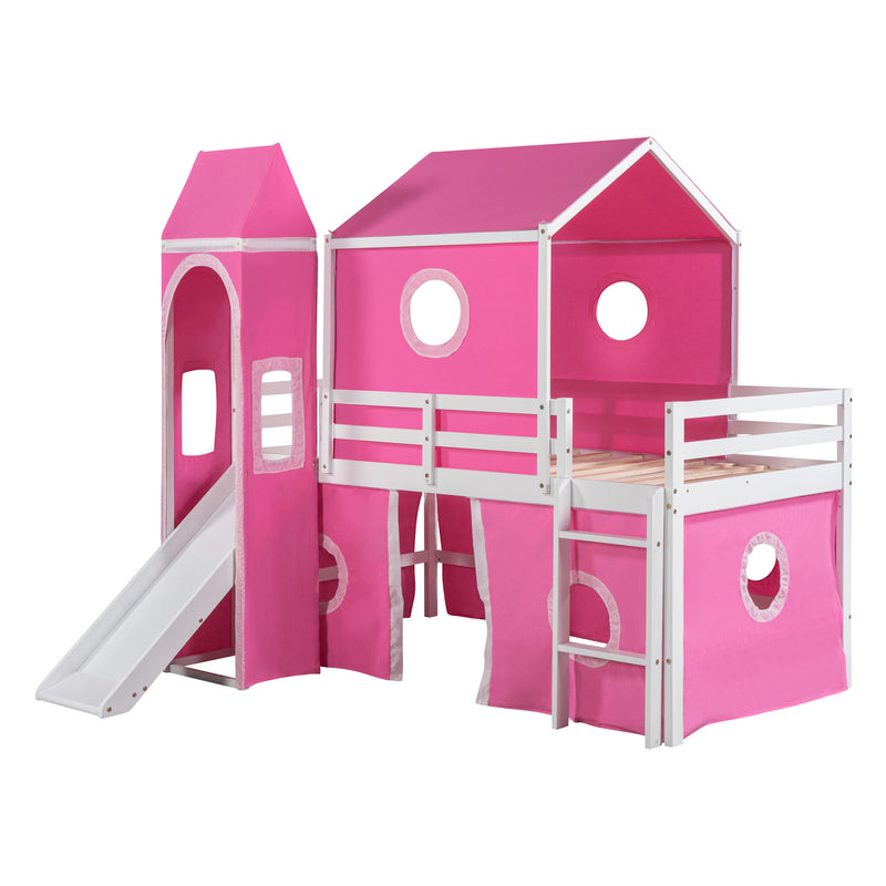 Twin Size Bunk Bed with Slide Pink Tent and Tower - Pink