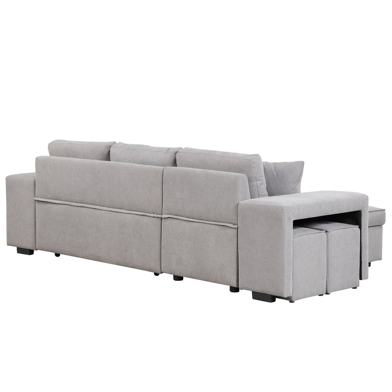 Pull Out Sleeper Sofa Reversible L-Shape 3 Seat Sectional Couch With Storage Chaise And 2 Stools For Living Room Furniture Set - Gray