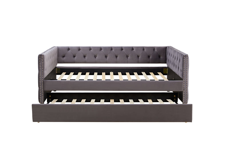 Sofa bed with wheels, upgraded velvet upholstered sofa bed, with Button and Copper Nail on Square Arms,bedroom living room furniture (gray,full,82.75"x58"x30.75")