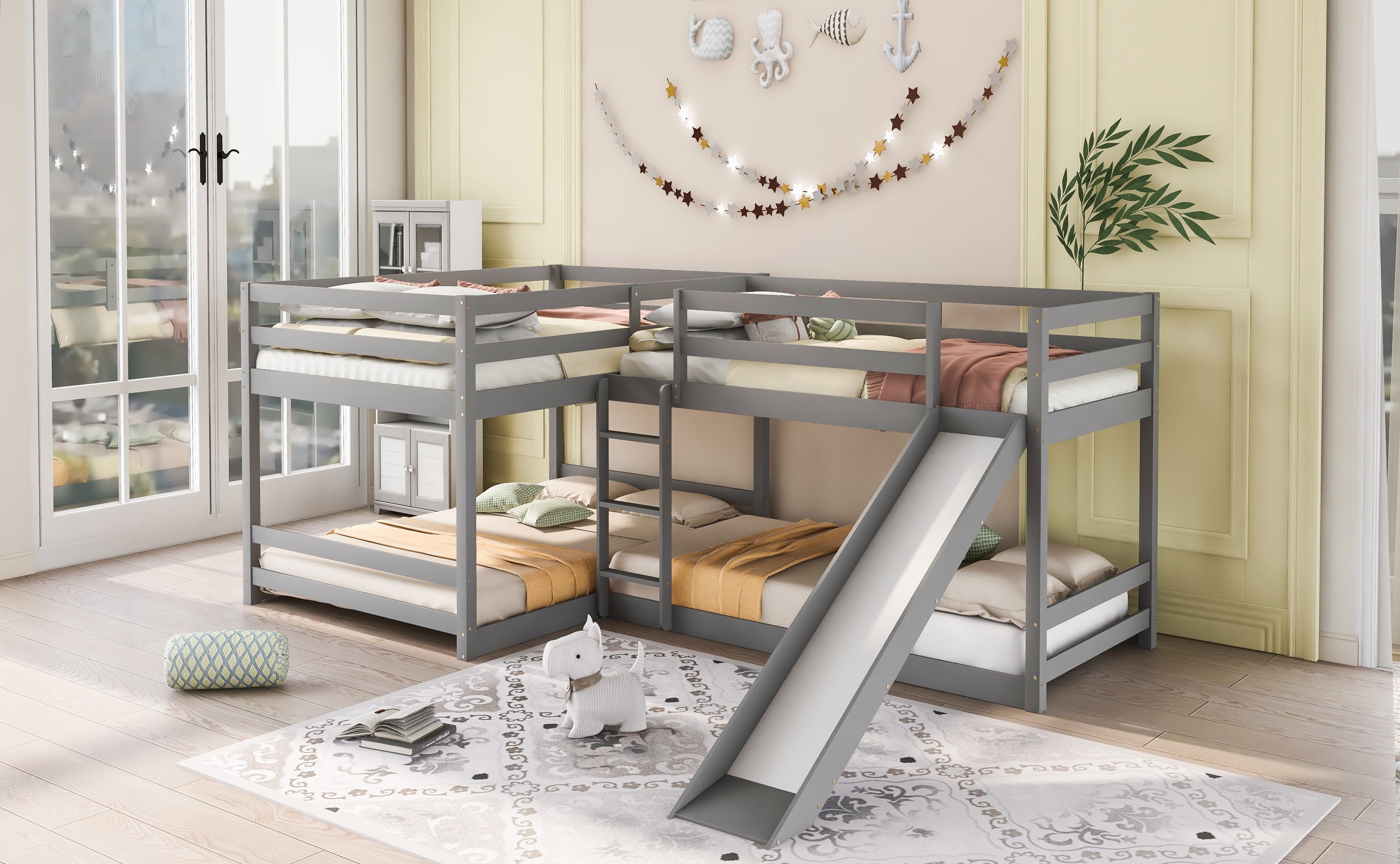 Full and Twin Size L-Shaped Bunk Bed with Slide and Short Ladder,Gray - Atlantic Fine Furniture Melbourne FL