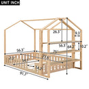 Full Size Wood House Bed with Fence and Detachable Storage Shelves, Natural