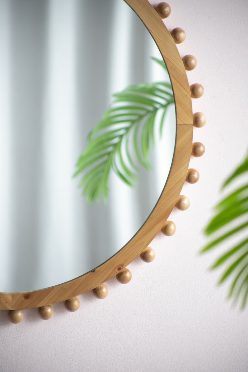 Wood Round Mirror With Beaded Frame, Circle Wall Mirror For Living Room Bedroom Entryway - Brown