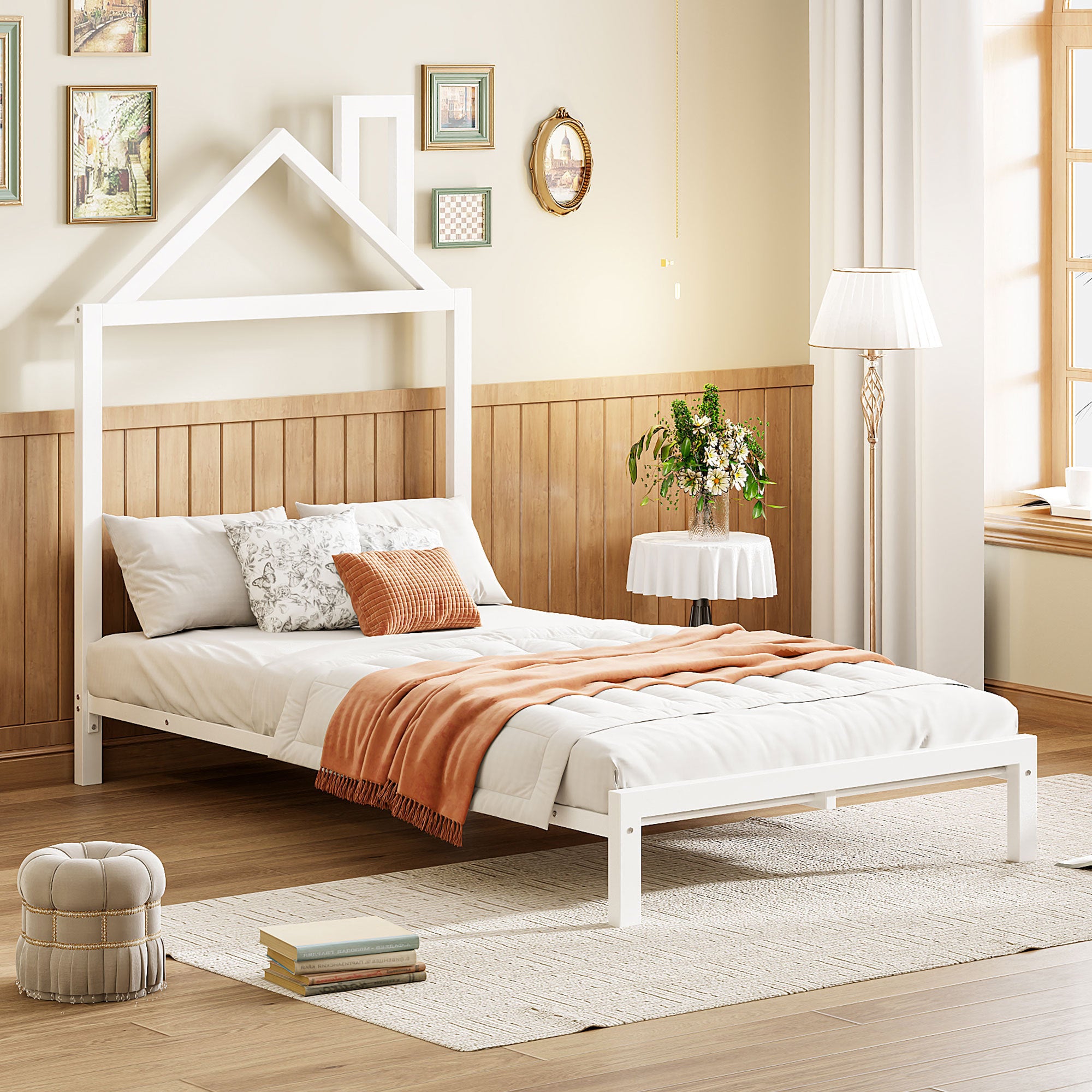 Twin Size Metal Platform Bed with House-Shaped Headboard Design, White - Atlantic Fine Furniture Melbourne FL