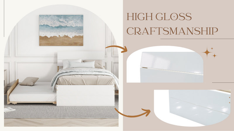 Modern Twin Bed Frame With Trundle For White High Gloss Headboard and Footboard With Light Oak Color