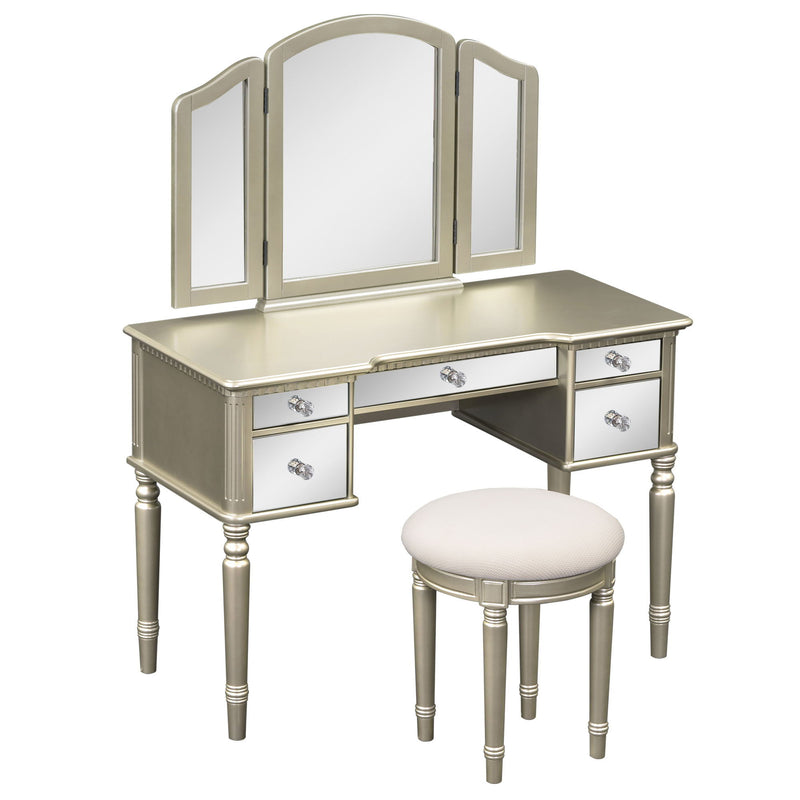 Dressing Table Set With Mirrored Drawers And Stool, Tri-Fold Mirror, Makeup Vanity Set For Bedroom