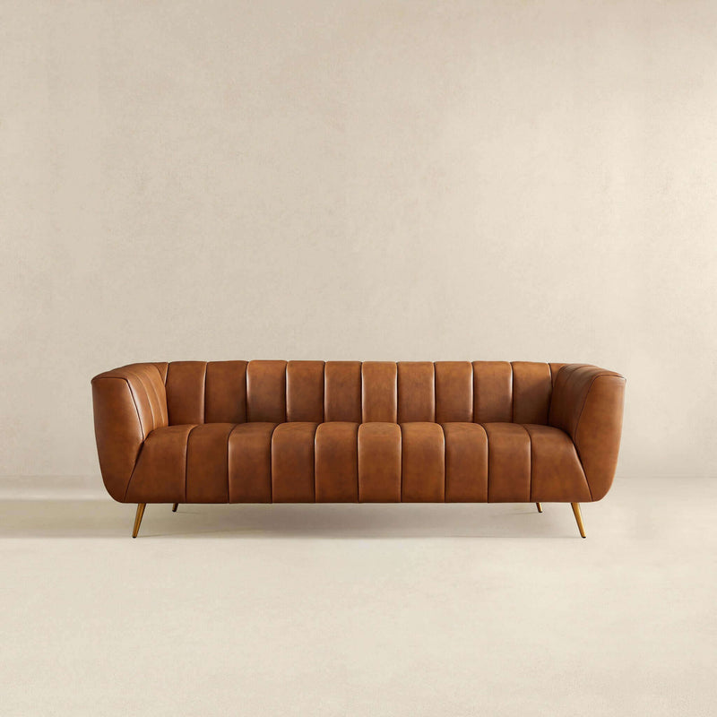 Ava - Genuine Italian Leather Channel Tufted Sofa - Gold / Tan