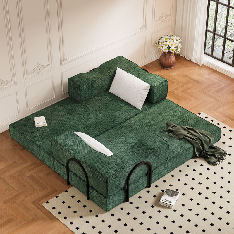 Convertible Couch Bed With 2 Pillows, 3 Seat Folding Floor Couch & King Size Bed Mattress, Diy Combination - Green