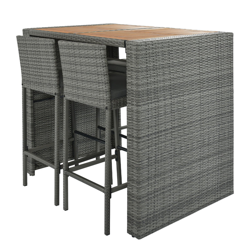 5 Pieces Outdoor Patio Wicker Bar Set, Bar Height Chairs With Non-Slip Feet And Fixed Rope, Removable Cushion, Acacia Wood Table Top - Brown / Gray