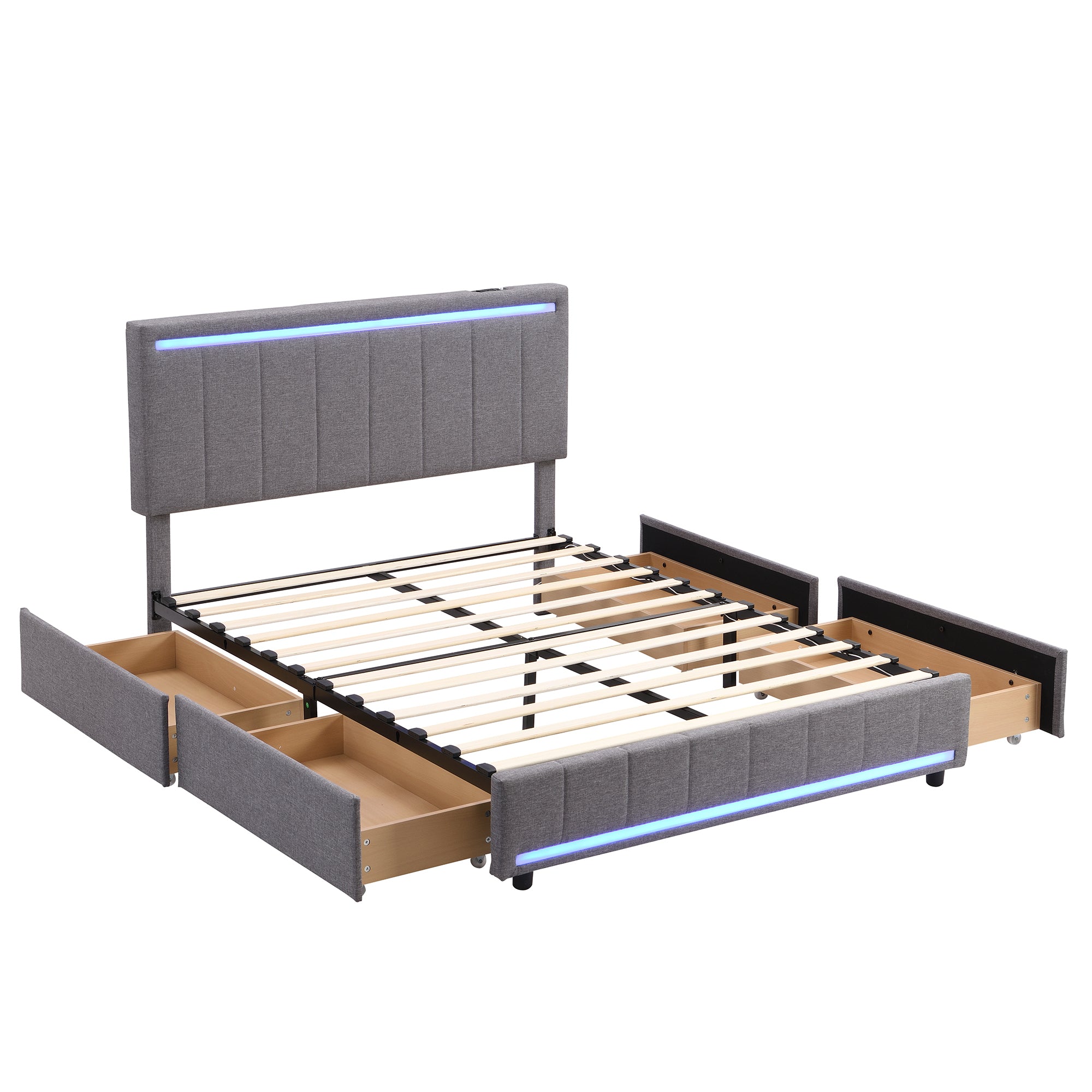 Full Size Upholstered Bed with LED Light and 4 Drawers,  Modern Platform Bed with a set of Sockets and USB Ports, Linen Fabric, Gray - Atlantic Fine Furniture Melbourne FL