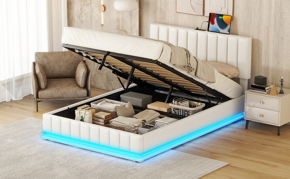 Full Size Upholstered Bed with Hydraulic Storage System and LED Light, Modern Platform Bed with Sockets and USB Ports, White - Atlantic Fine Furniture Melbourne FL