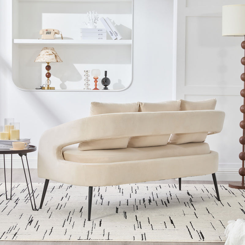 Open Back Loveseat Settee With 3 Pillows - Beige