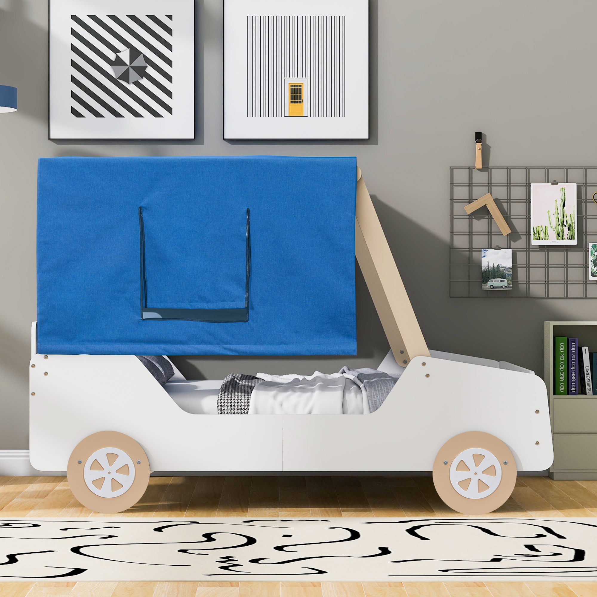 Full Size Car Shaped Bed with Tents,White+Natural - Atlantic Fine Furniture Melbourne FL