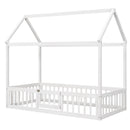 Twin Size Wood House Bed with Fence and Door, White Wash