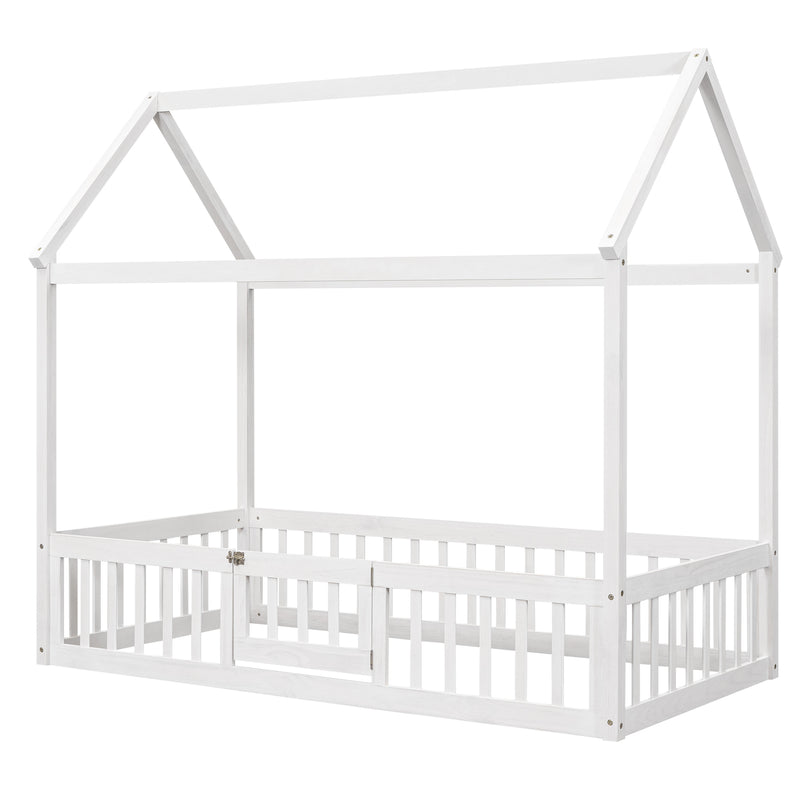 Twin Size Wood House Bed with Fence and Door, White Wash