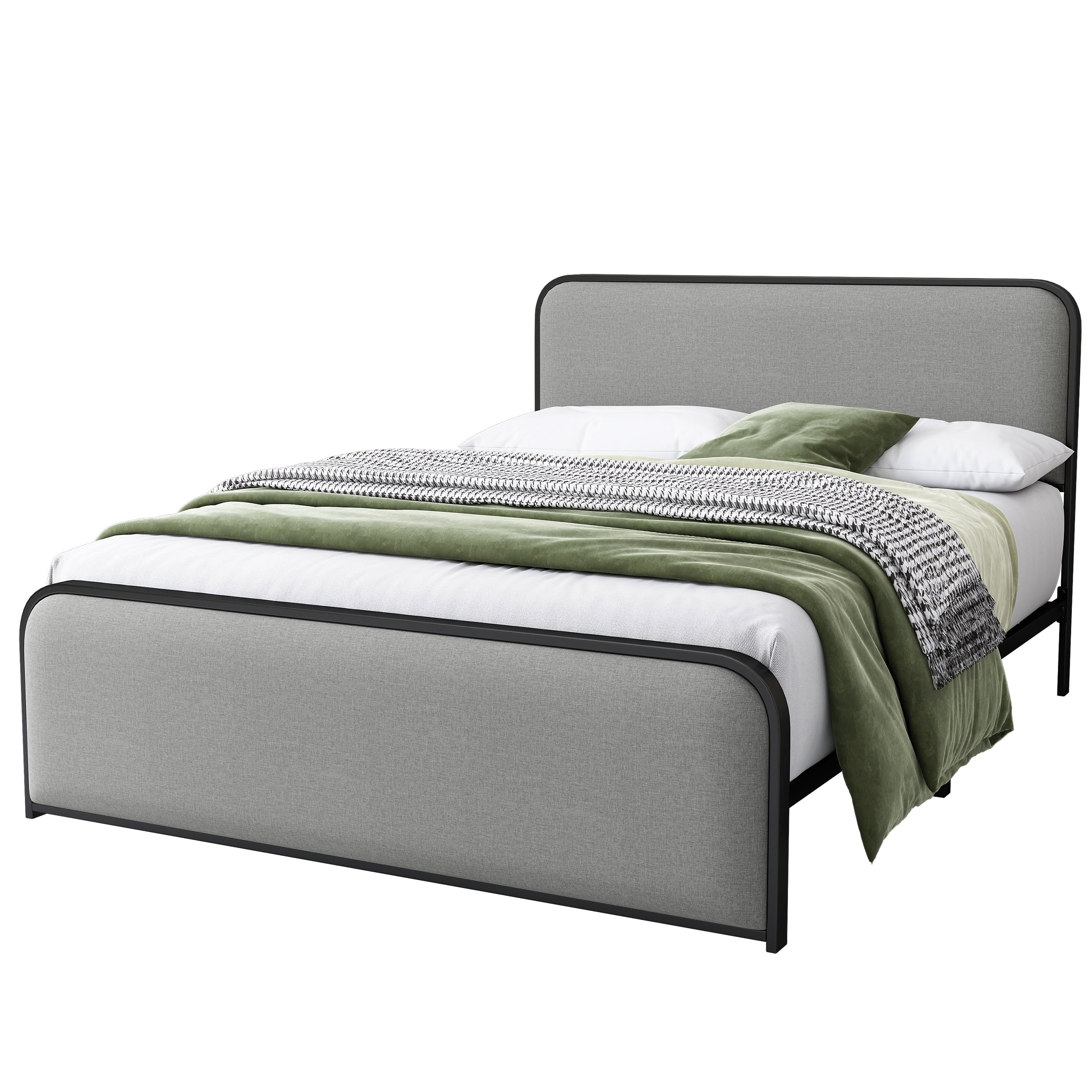 Modern Metal Bed Frame with Curved Upholstered Headboard and Footboard Bed with Under Bed Storage, Heavy Duty Metal Slats, Queen Size, Grey - Atlantic Fine Furniture Melbourne FL