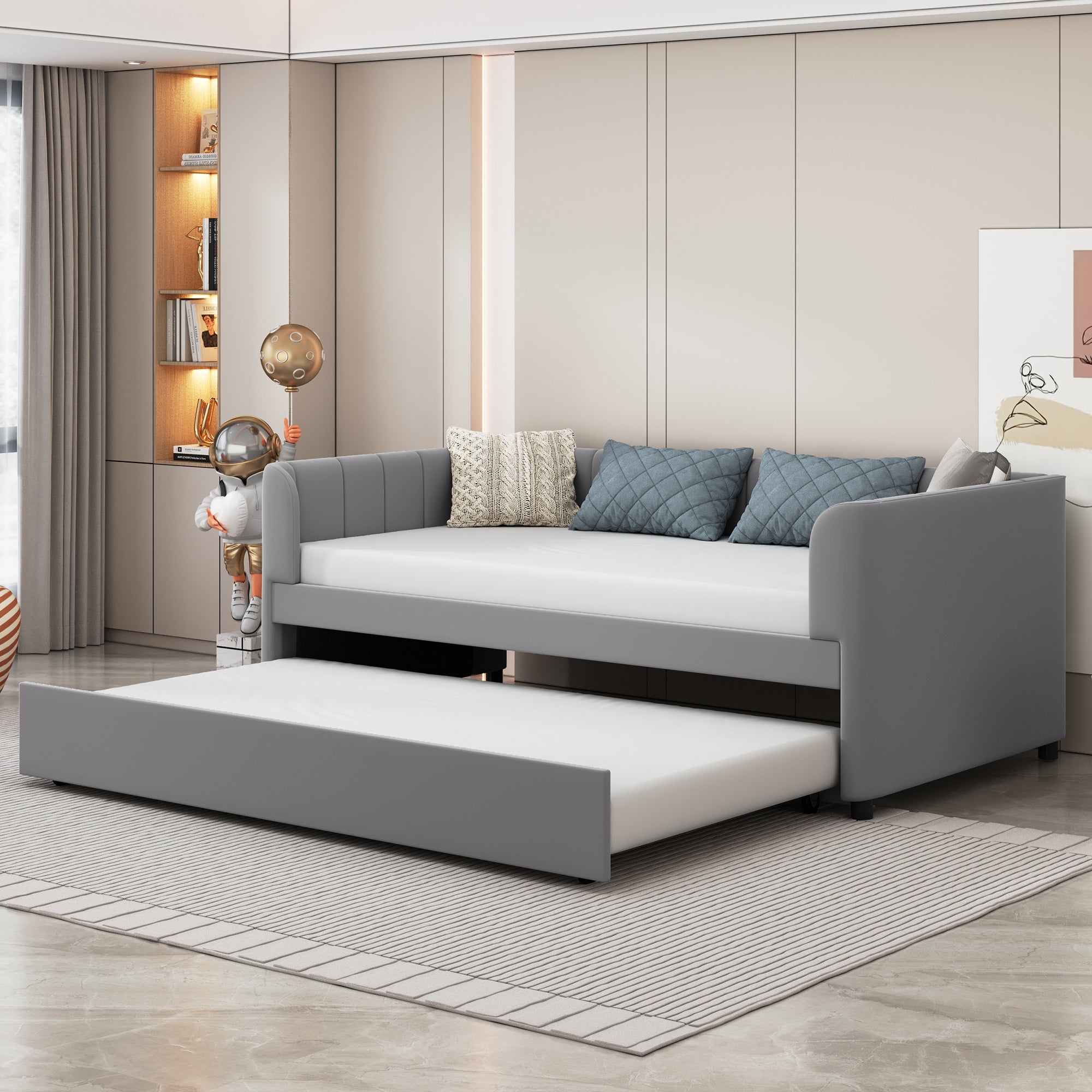 Twin Size Upholstered Daybed with Ergonomic Design Backrest and Trundle, Gray - Atlantic Fine Furniture Melbourne FL