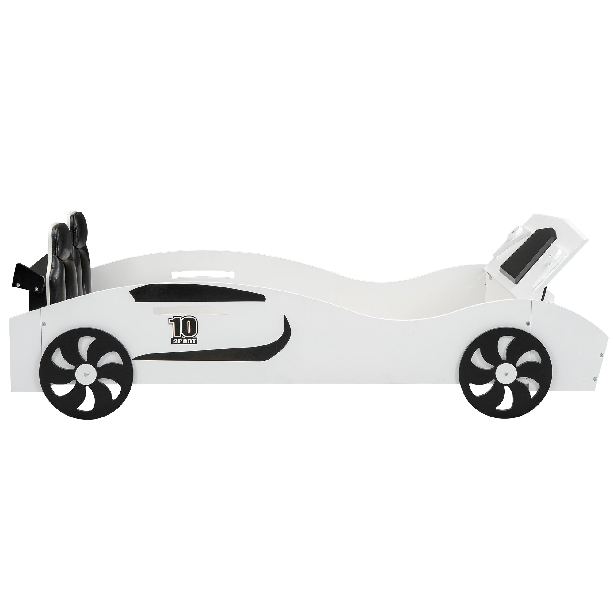 Twin Size Race Car-Shaped Platform Bed with Upholstered Backrest and Storage, White - Atlantic Fine Furniture Melbourne FL