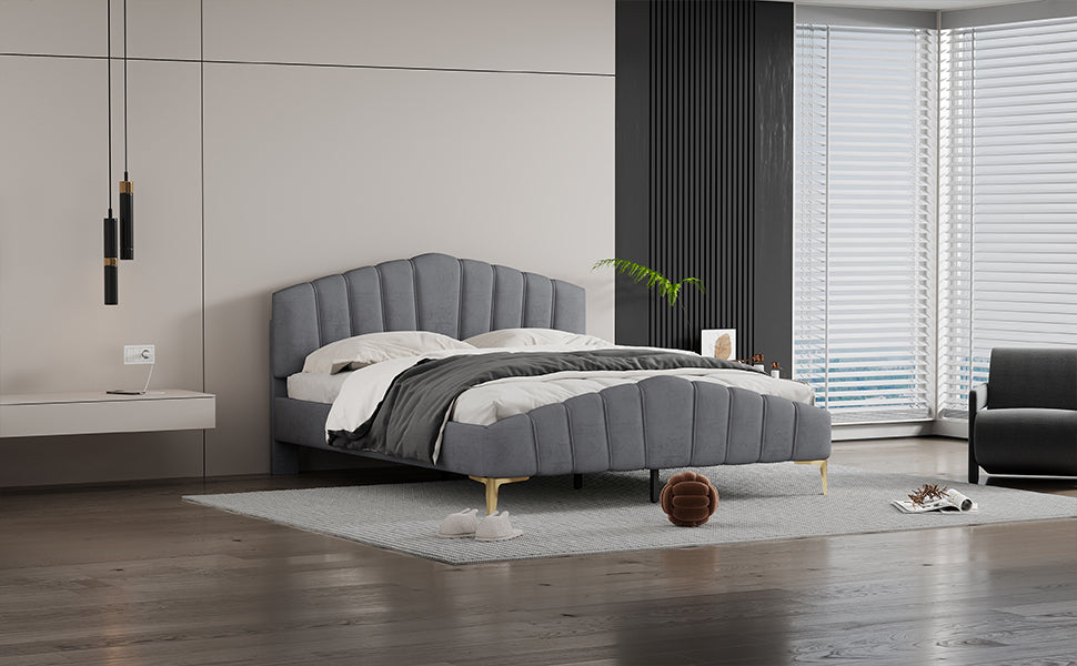 Queen Size Velvet Platform Bed with Thick Fabric, Stylish Stripe Decorated Bedboard and Elegant Metal Bed Leg, Gray - Atlantic Fine Furniture Melbourne FL
