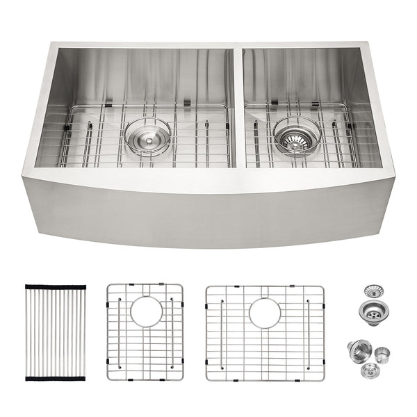 Double Bowl Farmhouse Sink Stainless Steel Undermount Apron Front With 2 9" Deep Basins - Gray