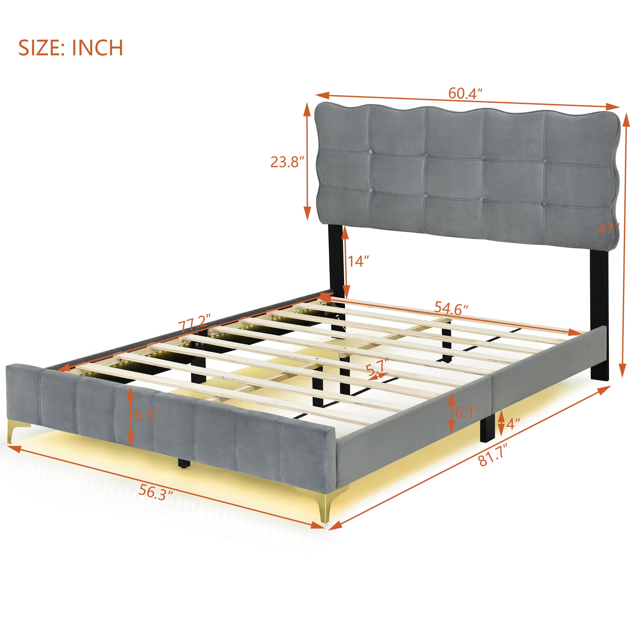 Full Size Velvet Platform Bed with LED Frame and Stylish Mental Bed Legs, Gray - Atlantic Fine Furniture Melbourne FL