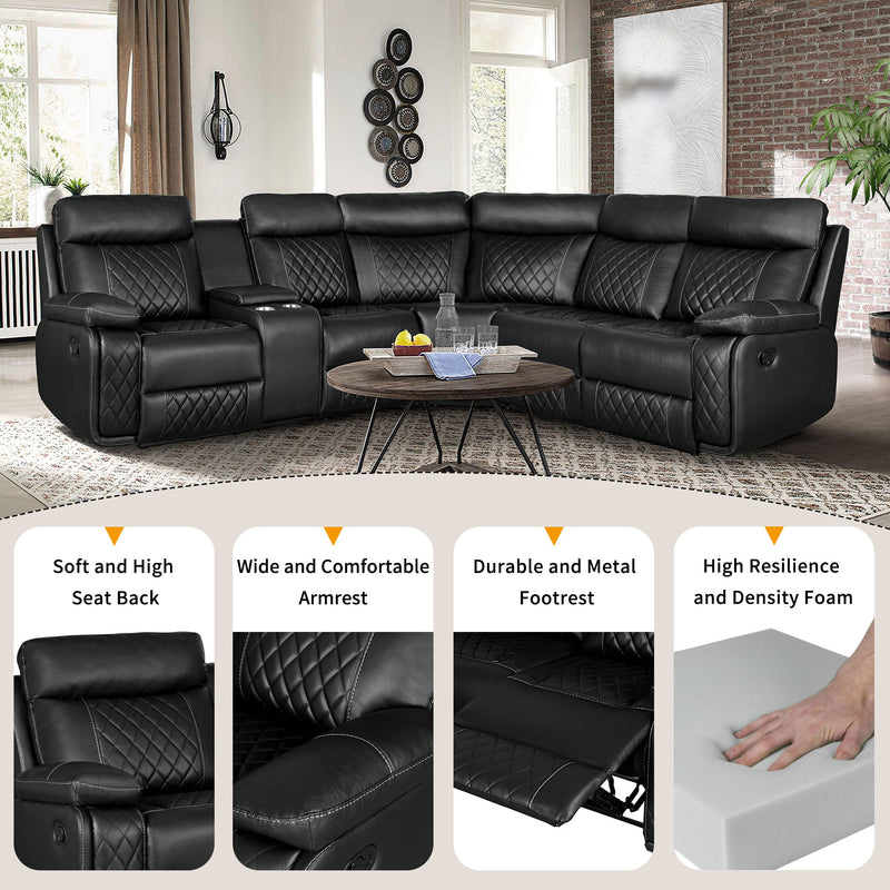 Home Theater Seating Manual Recliner With Cup Holder, Hide-Away Storage PU Reclining Sofa For Living Room, Home Theater, Black