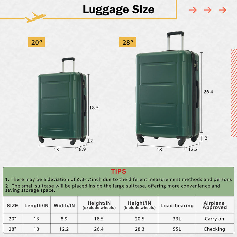 2 Piece Luggage Set With Bags Expanable Spinner Wheels ABS Lightweight Suitcase With Tsa Lock 20" / 28"