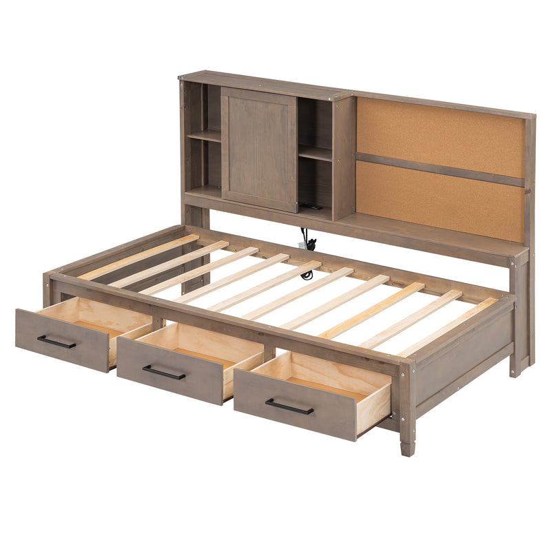 Twin Size Lounge Daybed with Storage Shelves, Cork Board, USB Ports and 3 Drawers, Antique Wood Color