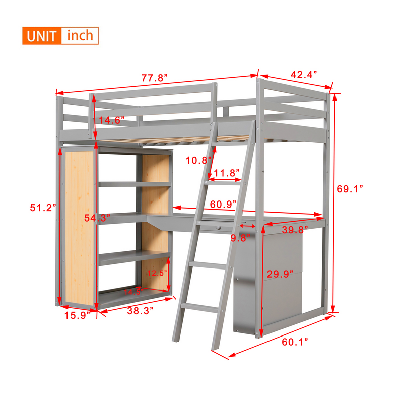 Twin Size Loft Bed with Ladder, Shelves, and Desk, Gray(LT000225AAE)