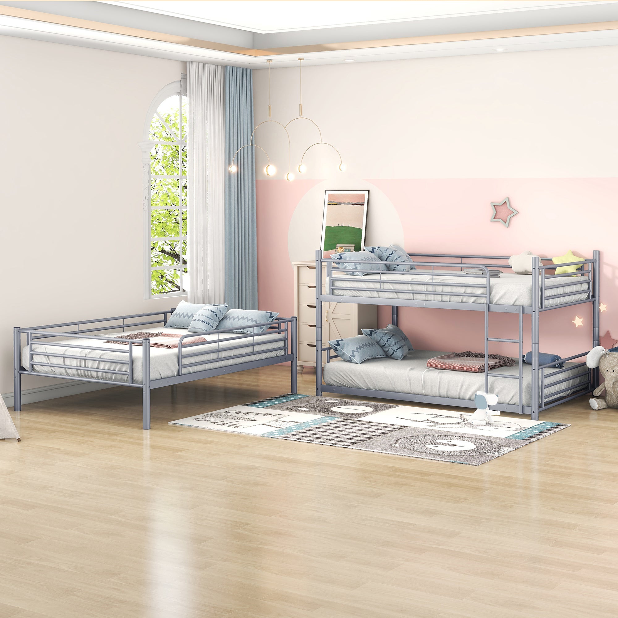 Full-Full-Full Metal  Triple Bed  with Built-in Ladder, Divided into Three Separate Beds,Gray(OLD SKU:LP000297AAE) - Atlantic Fine Furniture Melbourne FL
