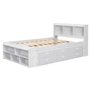 Full Bed with Bookcase Headboard, Under bed Storage Drawers and Bed End Storage Case,White