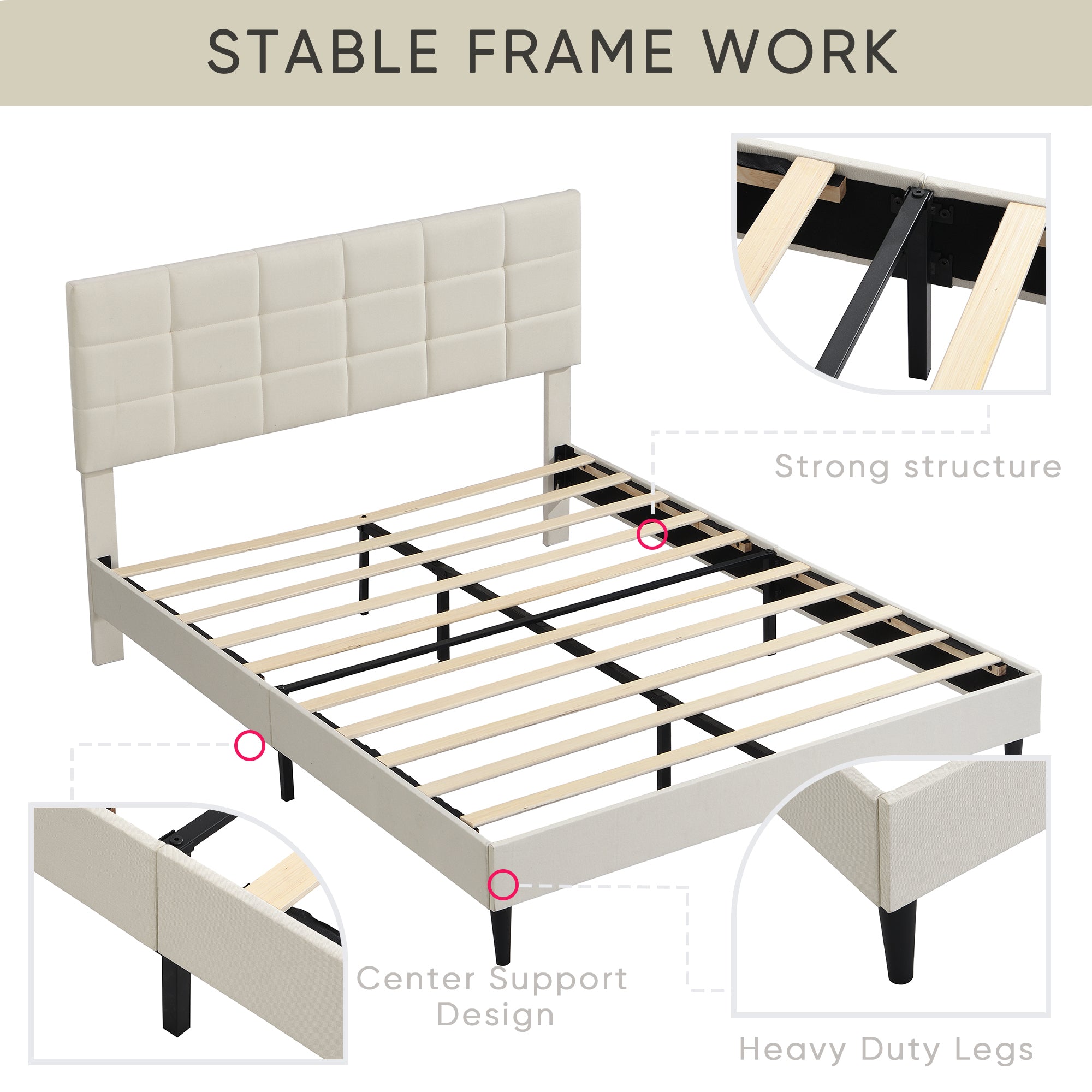 Full Size Platform Bed Frame with Fabric Upholstered Headboard and Wooden Slats, No Box Spring Needed/Easy Assembly, Beige