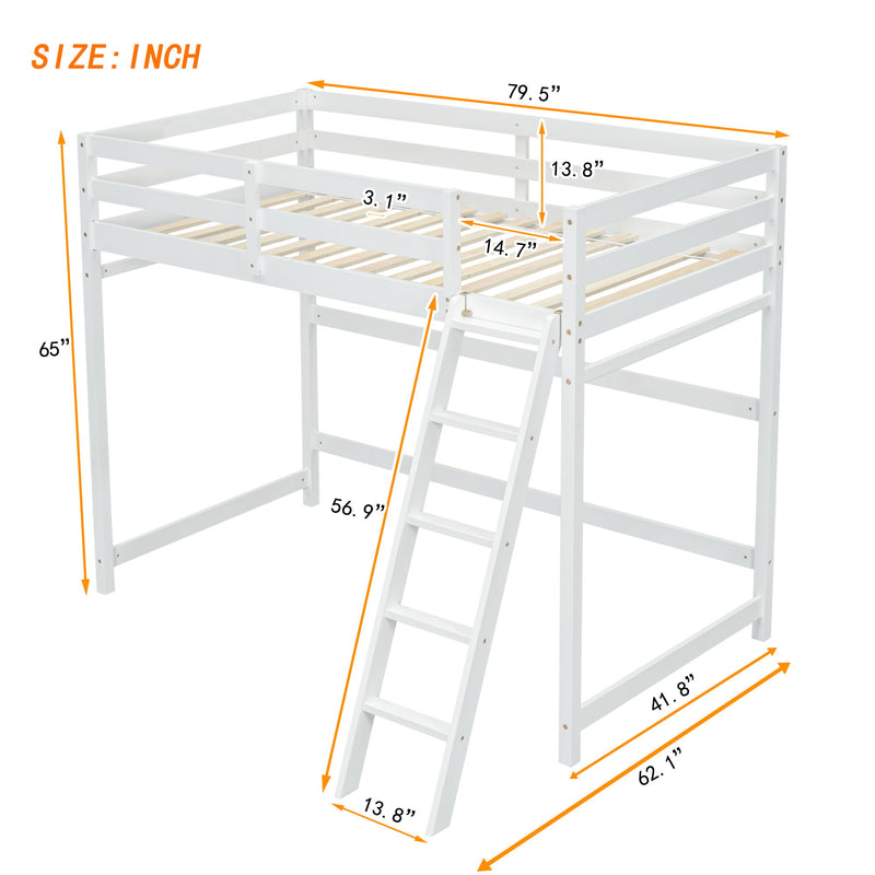 High Loft Bed With Inclined Ladder, Guardrails