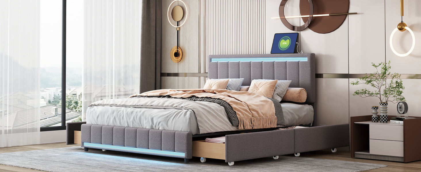 Queen Size Upholstered Bed with LED Light and 4 Drawers,  Modern Platform Bed with a set of Sockets and USB Ports, Linen Fabric, Beige - Atlantic Fine Furniture Melbourne FL