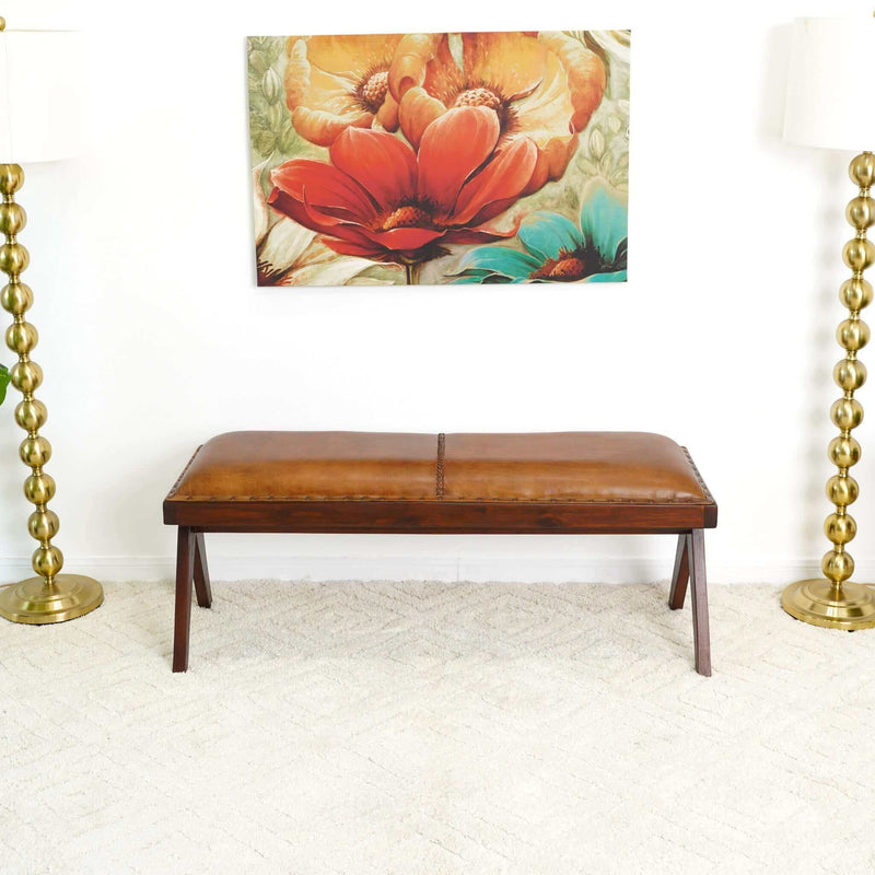 Chad - Mid-Century Modern Leather Bench - Brown / Tan