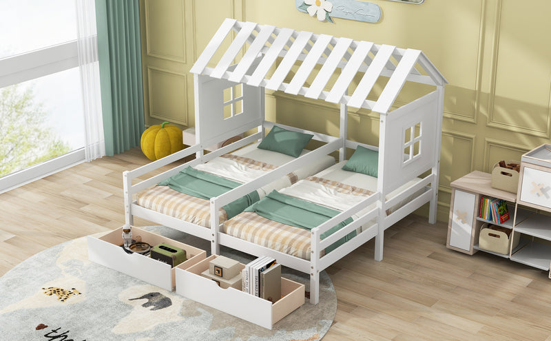 Twin Size House Platform Beds with Two Drawers for Boy and Girl Shared Beds, Combination of 2 Side by Side Twin Size Beds, White(old sku: GX000927AAK)