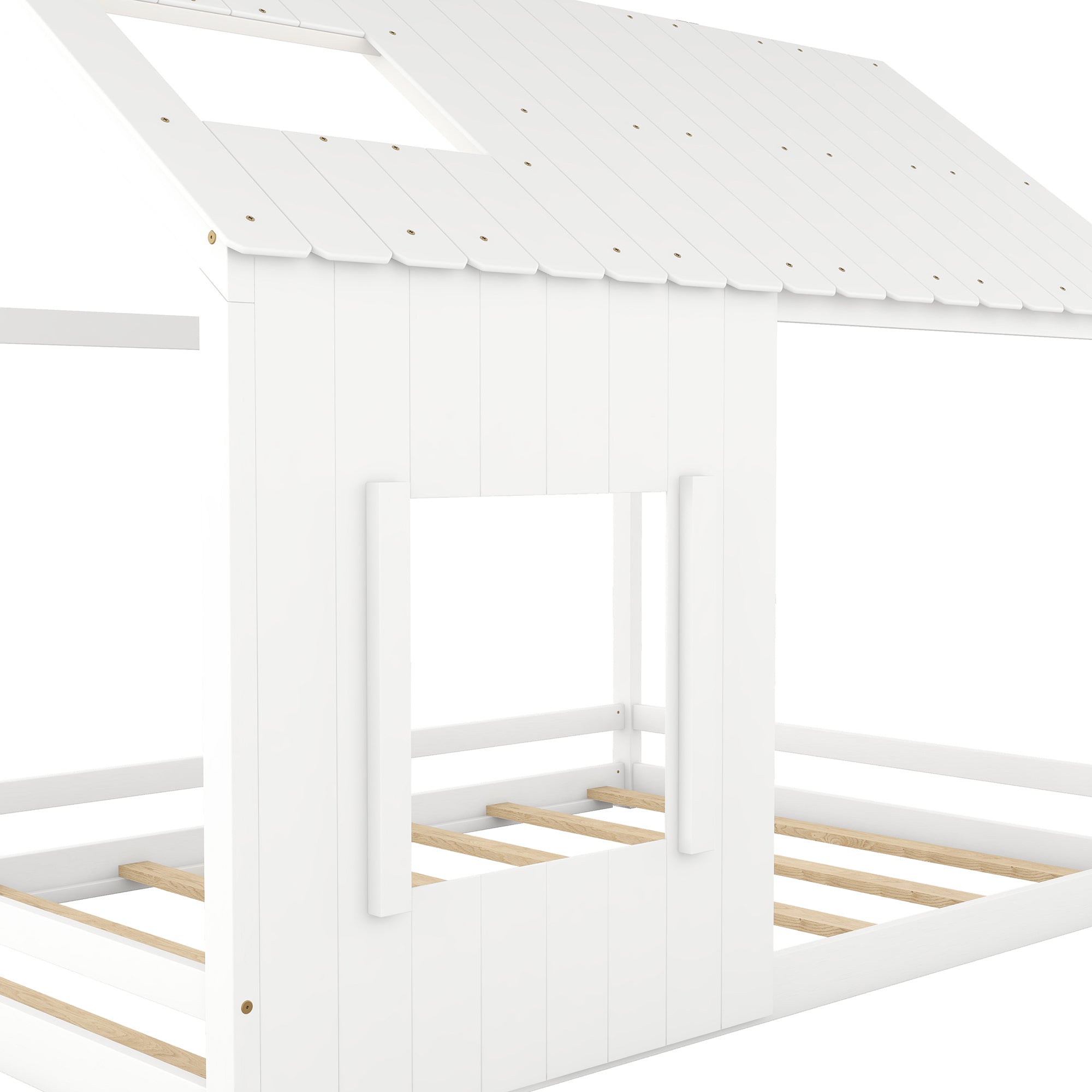 Full Size House Bed with Roof and Window - White