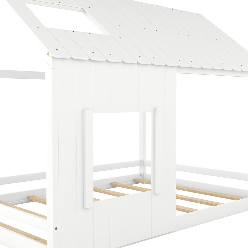 Full Size House Bed with Roof and Window - White
