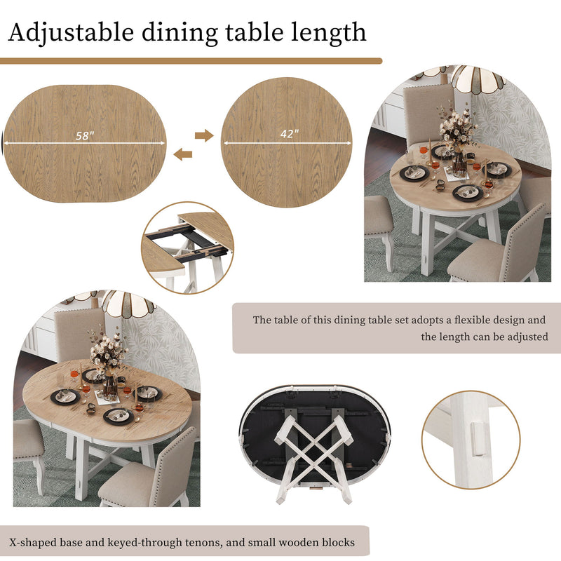 Farmhouse Dining Table Set Wood Round Extendable Dining Table And Upholstered Dining Chairs