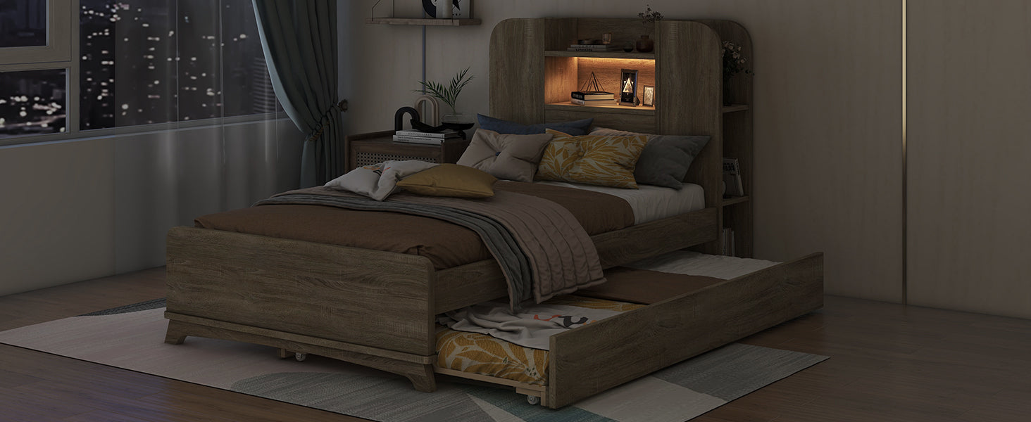 Twin Size Storage Platform Bed Frame with with Trundle and Light Strip Design in Headboard,Natural - Atlantic Fine Furniture Melbourne FL