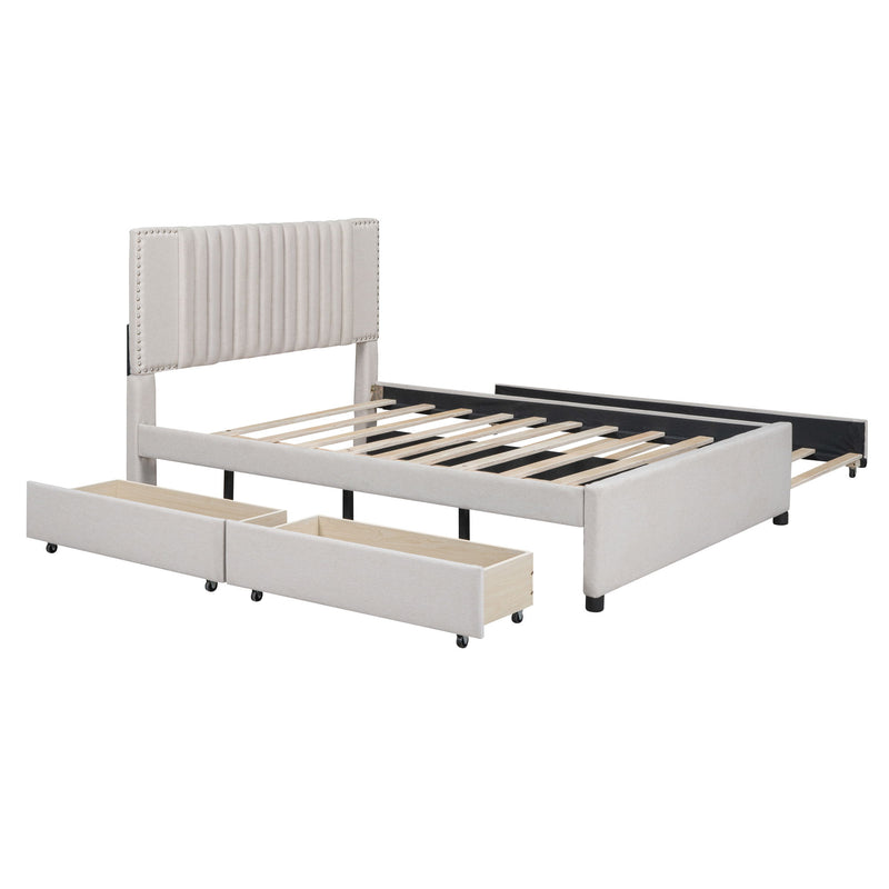 Upholstered Platform Bed With 2 Drawers And 1 Trundle, Classic Headboard Design