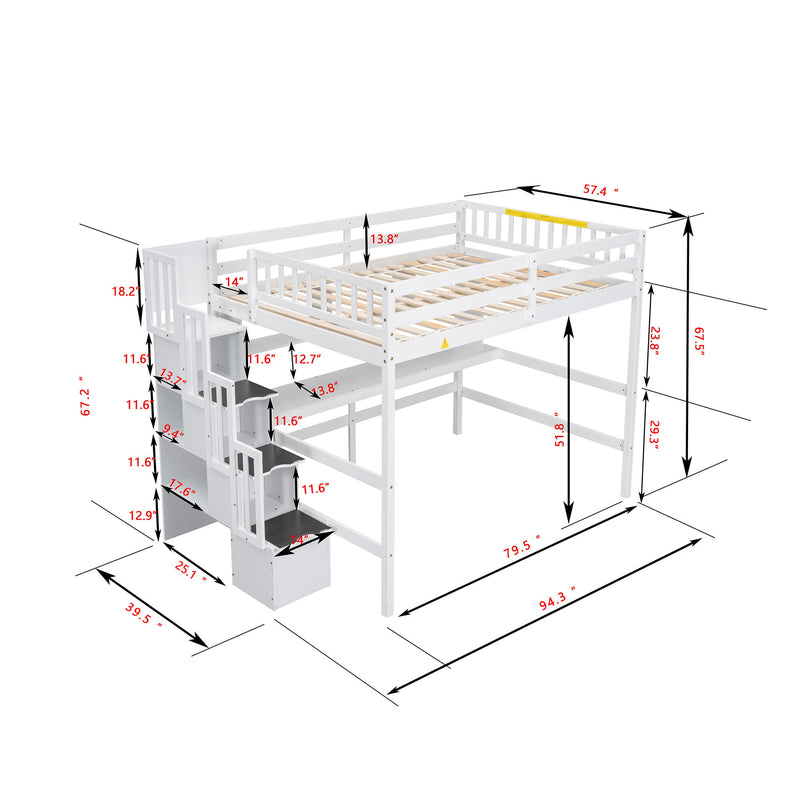 High Loft Bed With Built-In Desk, Ladder Platform, Ladders, Guardrails