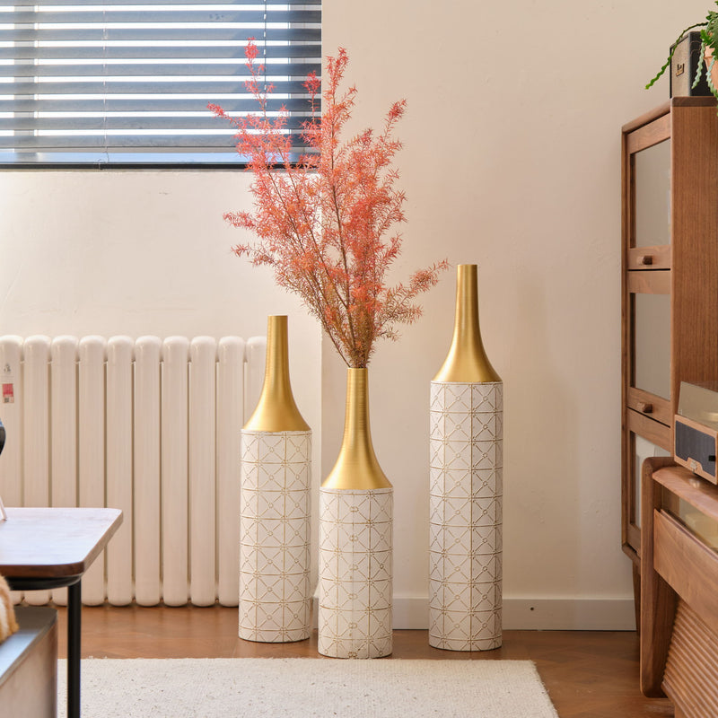 Floor Metal Vases Decorated White Metal Vases (Set of 3) Gorgeous Home Decoration Large Glazed Metal Vases - White / Gold