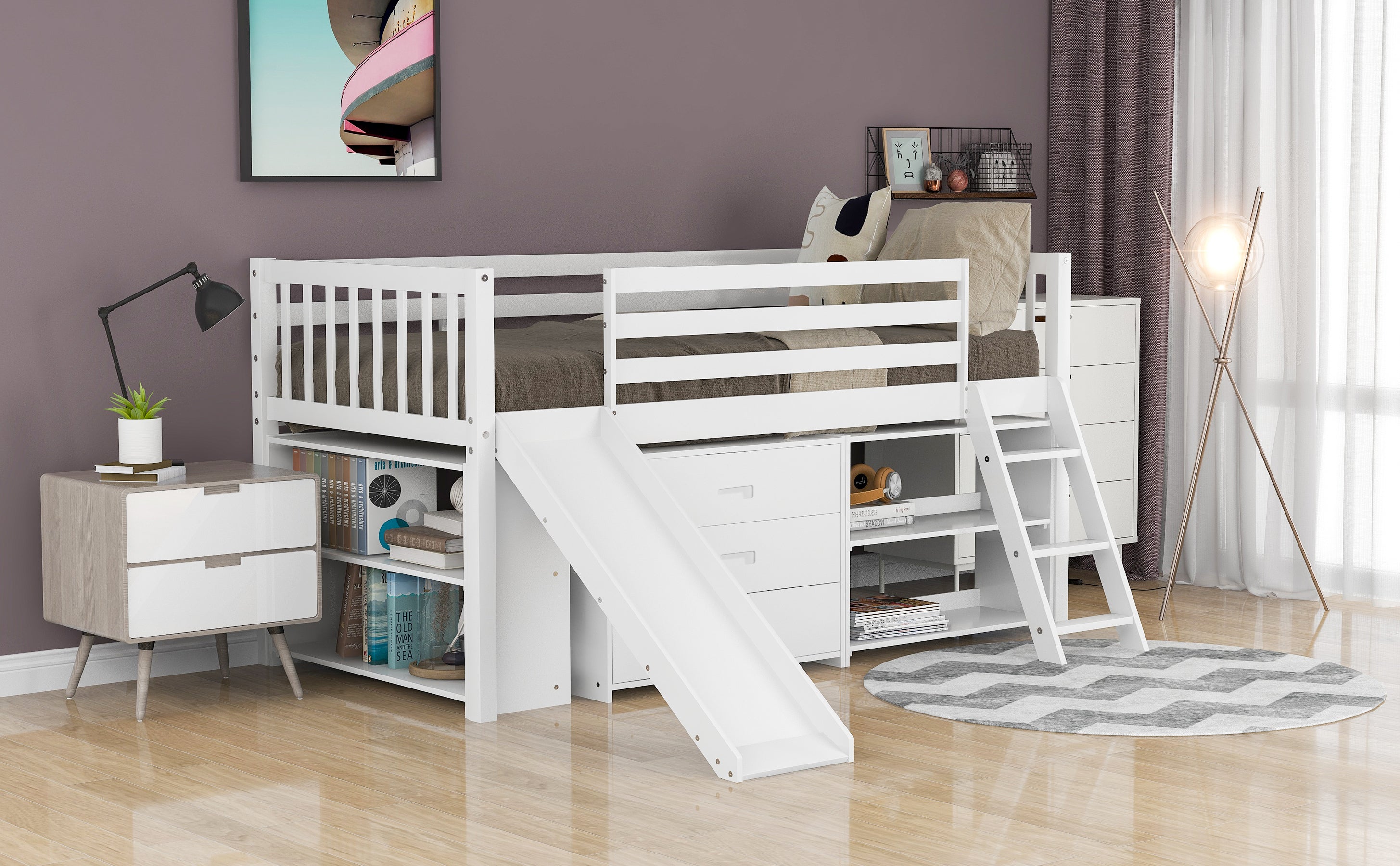 Low Loft Bed with Attached Bookcases and Separate 3-tier Drawers,Convertible Ladder and Slide,Twin,White - Atlantic Fine Furniture Melbourne FL