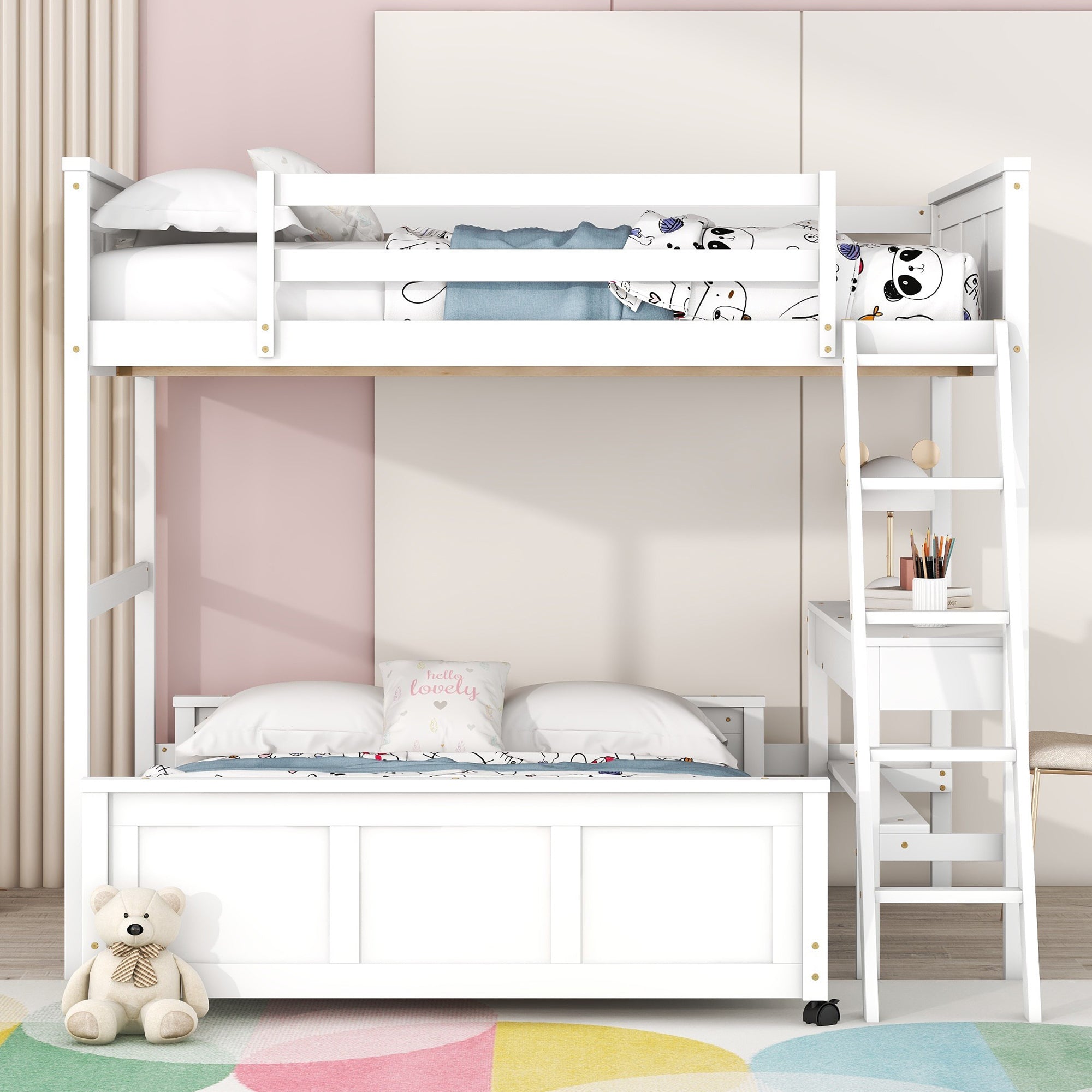 Full Over Full Bunk Bed with Desk, White - Atlantic Fine Furniture Melbourne FL