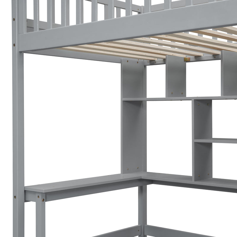 Twin Size Loft Bed With Bookshelf, Drawers, Desk, And Wardrobe - Gray