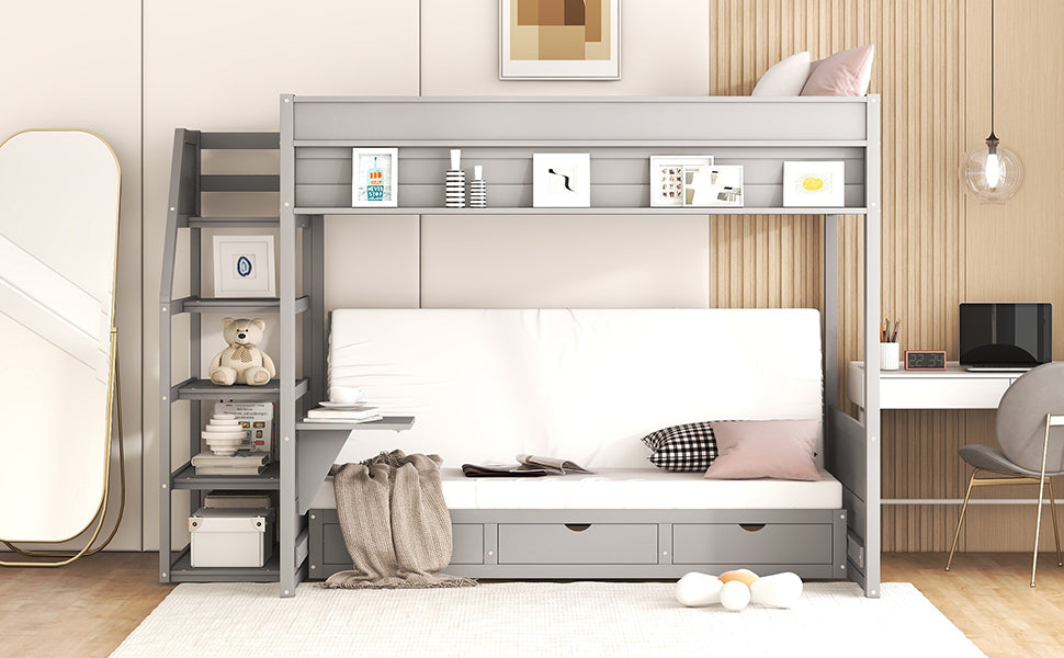 Wood Full Size Convertible Bunk Bed with Storage Staircase, Bedside Table, and 3 Drawers, Gray - Atlantic Fine Furniture Melbourne FL
