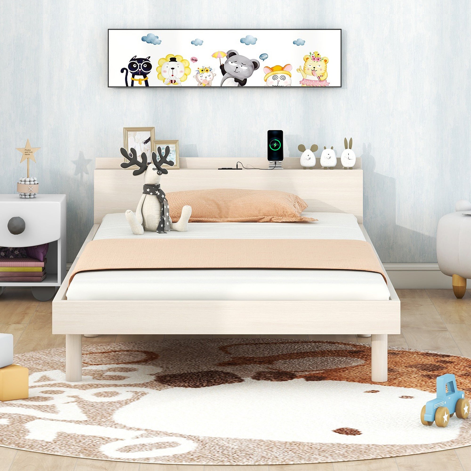 Modern Design Twin Size Platform Bed Frame with Built-in USB Ports for White Washed Color - Atlantic Fine Furniture Melbourne FL